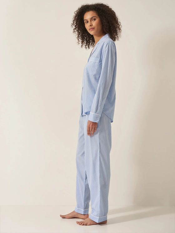 Blue & White Stripe Women's Long Sleeve Organic Cotton Pyjama Trouser Set Myza