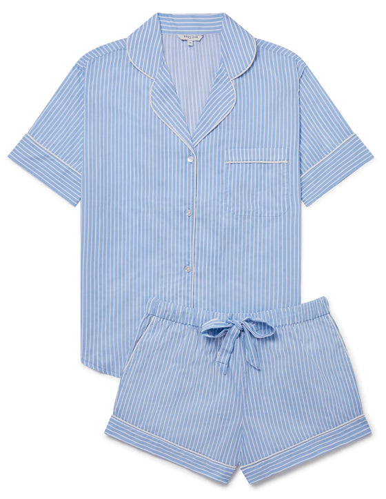 Blue & White Stripe Women's Short Sleeve Organic Cotton Pyjama Short Set Myza