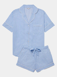  Blue & White Stripe Women's Short Sleeve Organic Cotton Pyjama Short Set Myza