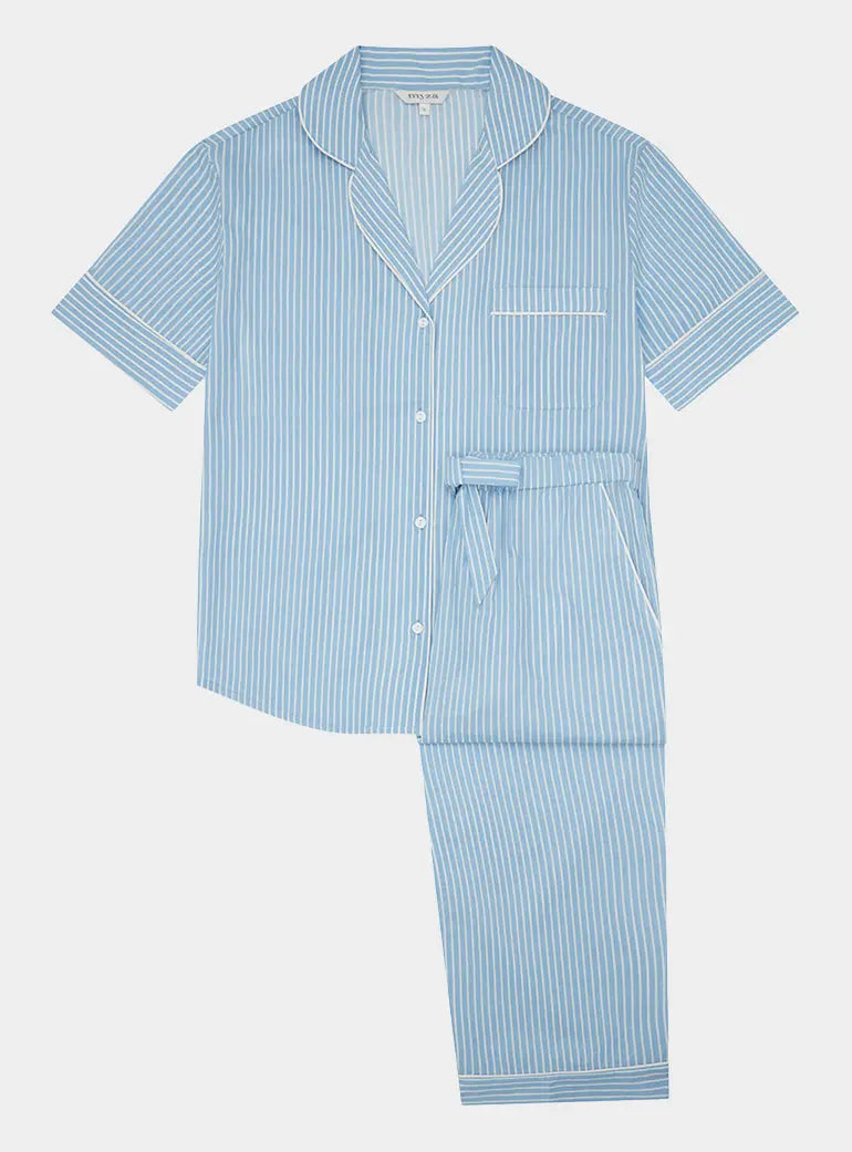 Blue & White Stripe Women's Short Sleeve Organic Cotton Pyjama Trouser Set Myza