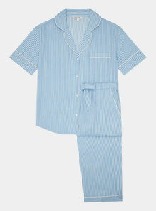  Blue & White Stripe Women's Short Sleeve Organic Cotton Pyjama Trouser Set Myza