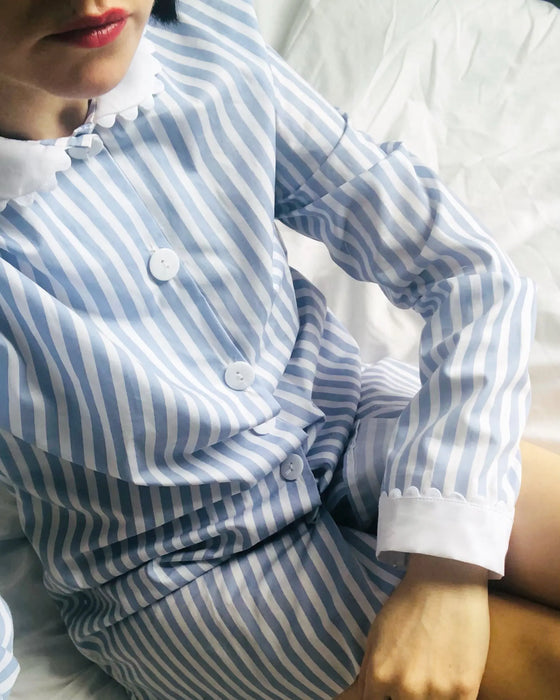 Blue and White Stripe Nightshirt With White Collar and Cuffs - 100% Cotton Poplin Sarah Brown London