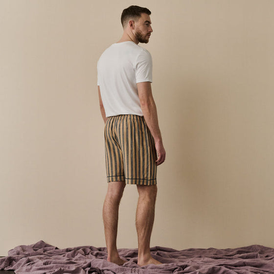 Blue & Porcini Striped Tencel Linen Blend Men's Pyjama Shorts Piglet