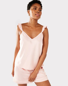  Blush Satin Frill Trim Cami Short Pyjama Set Chelsea Peers