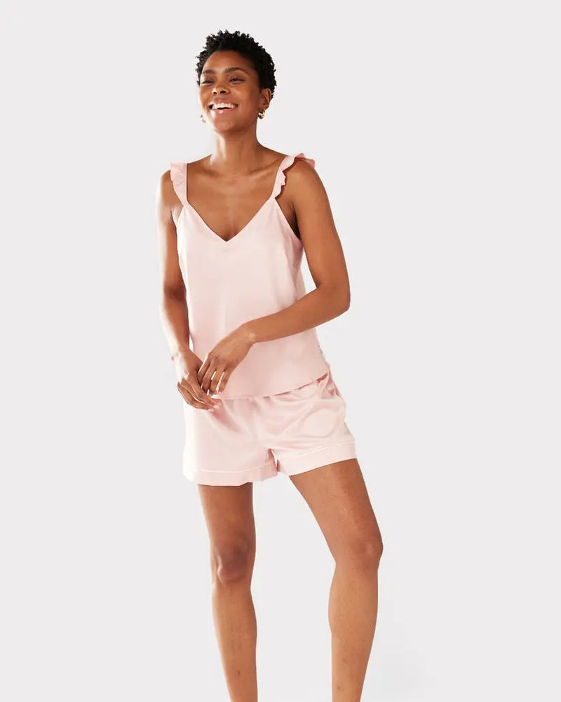 Blush Satin Frill Trim Women's Cami Short Pyjama Set Chelsea Peers