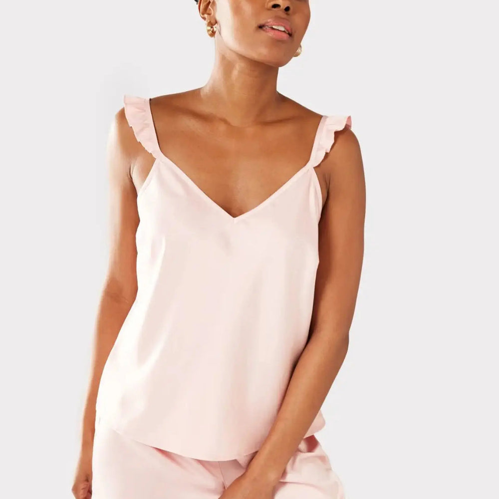 Blush Satin Frill Trim Women's Cami Short Pyjama Set Chelsea Peers