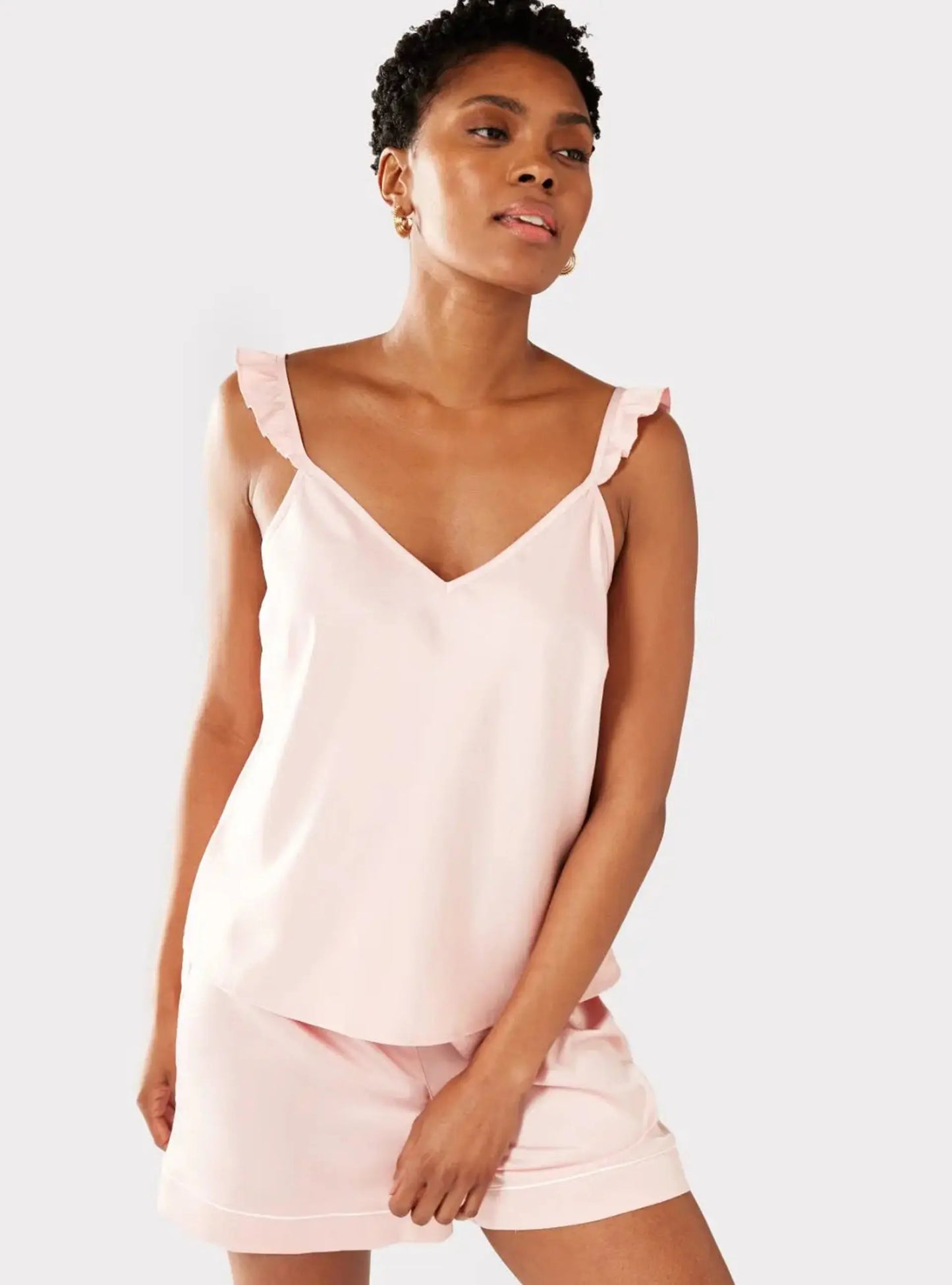 Blush Satin Frill Trim Women's Cami Short Pyjama Set Chelsea Peers