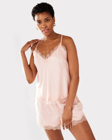  Blush Satin Lace Trim Cami Short Pyjama Set Chelsea Peers