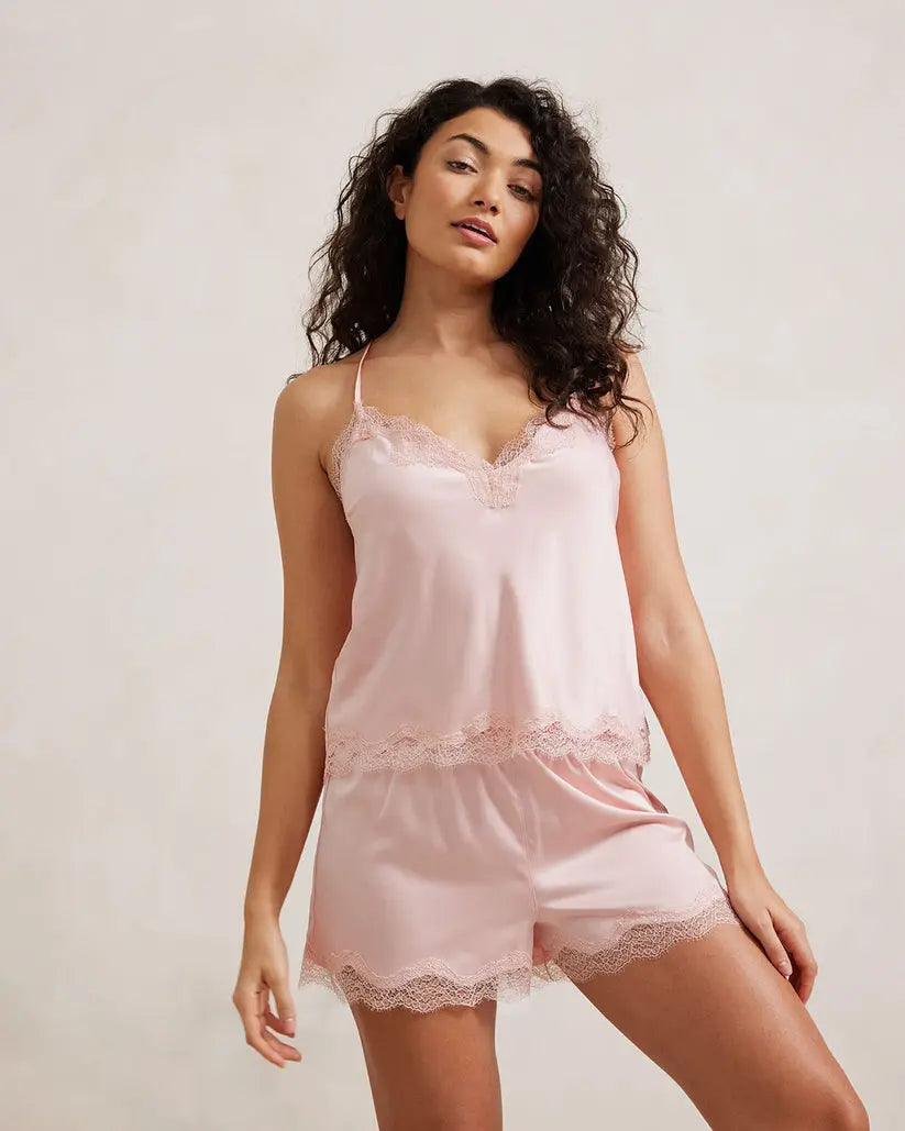 Blush Satin Lace Trim Women's Cami Short Pyjama Set Chelsea Peers