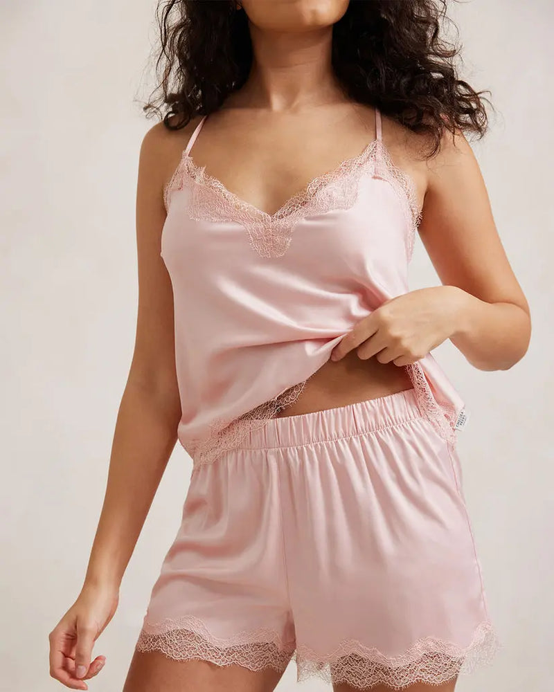 Blush Satin Lace Trim Women's Cami Short Pyjama Set Chelsea Peers