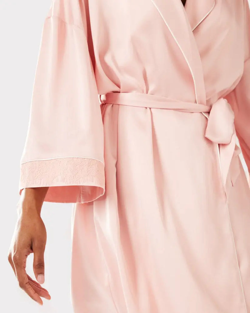 Blush Satin Lace Trim Women's Robe Dressing Gown Chelsea Peers