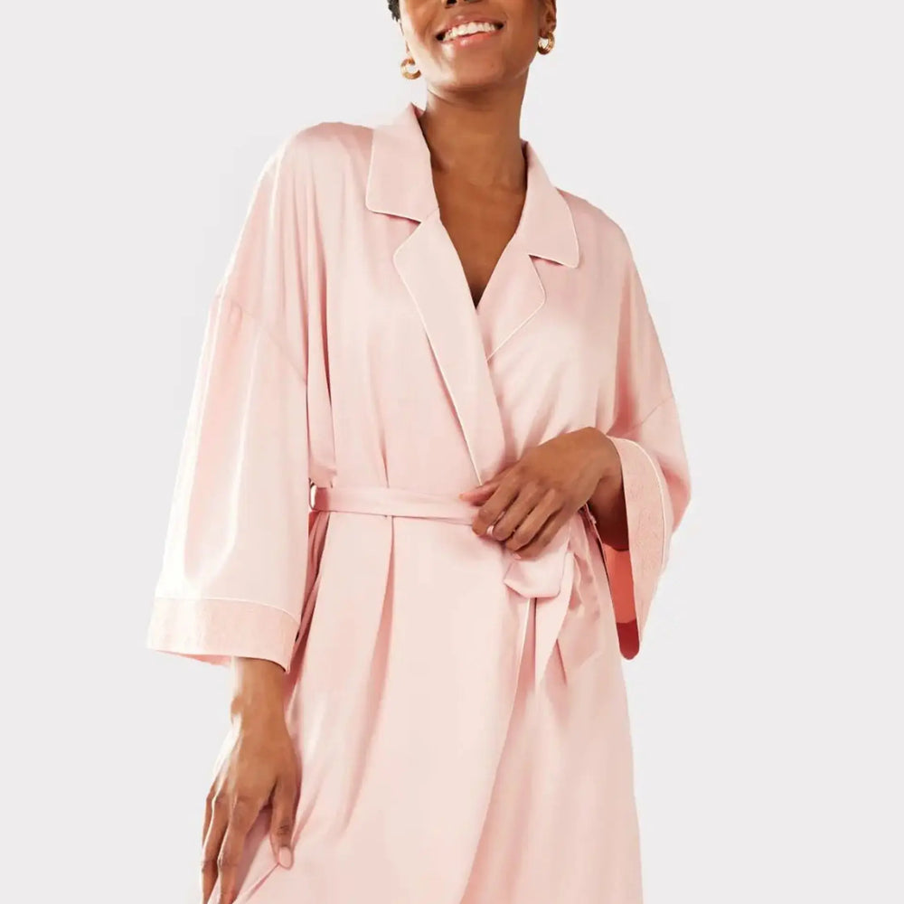 Blush Satin Lace Trim Women's Robe Dressing Gown Chelsea Peers