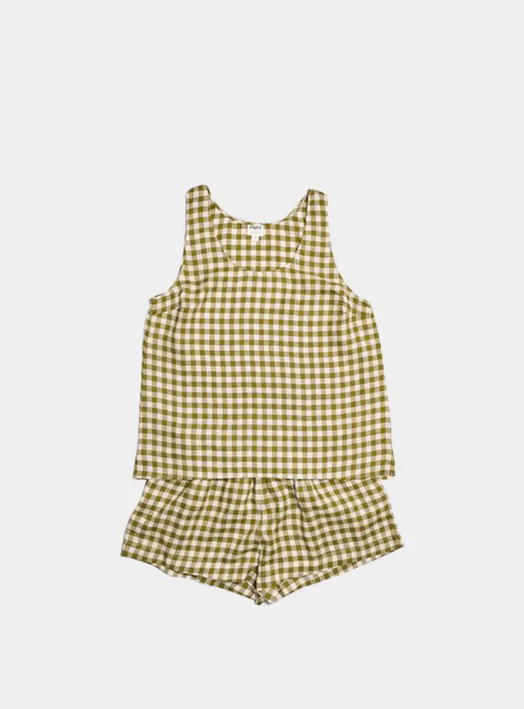 Botanical Green Gingham Linen Cami Short Set Piglet