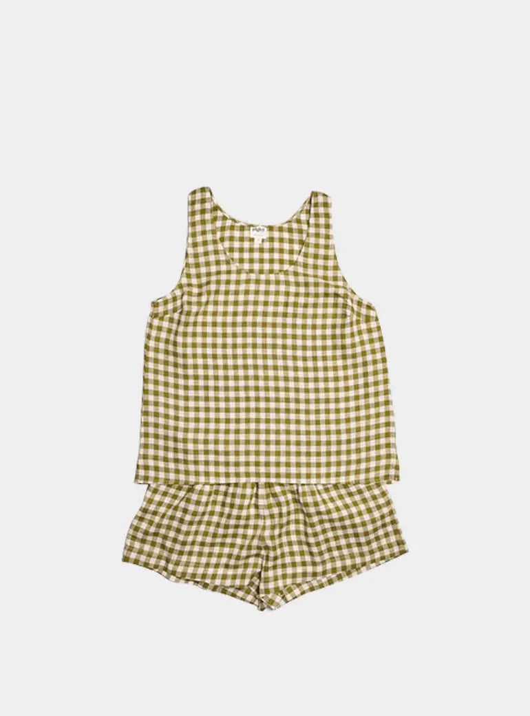 Botanical Green Gingham Linen Cami Short Set Piglet