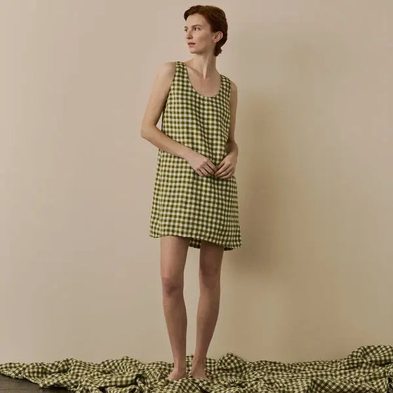 Botanical Green Gingham Linen Nightdress Piglet