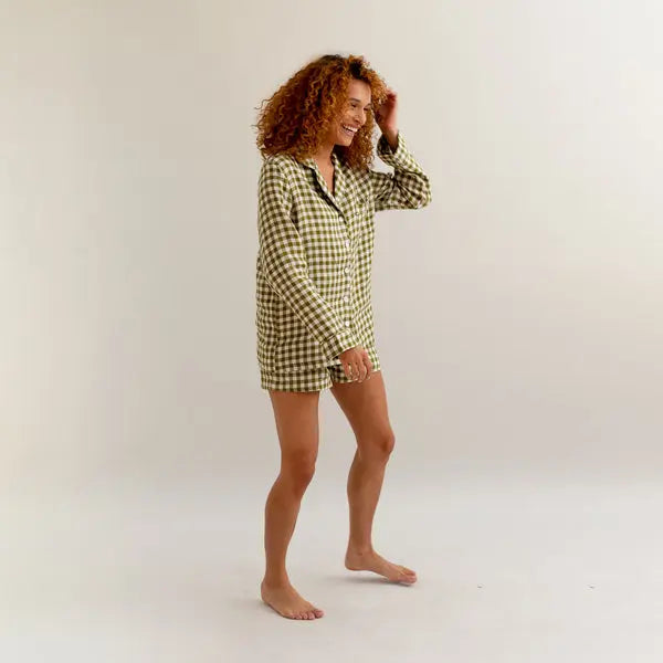 Botanical Green Gingham Linen Pyjama Shorts Set - Myza