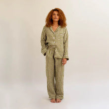  Botanical Green Gingham Linen Pyjama Trouser Set - Myza