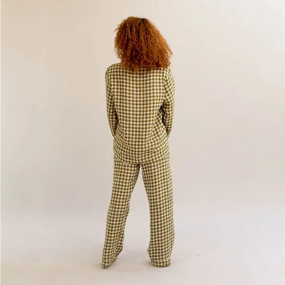 Botanical Green Gingham Linen Pyjama Trouser Set Piglet