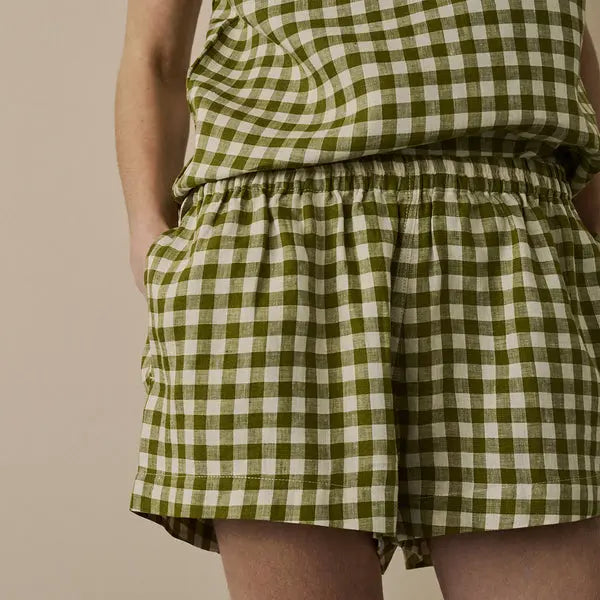 Botanical Green Gingham Women's Linen Cami Short Set Piglet