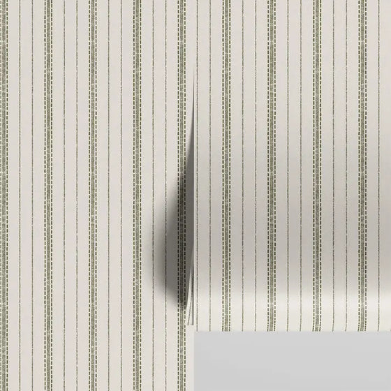 Botanical Green Ticking Stripe Wallpaper Piglet