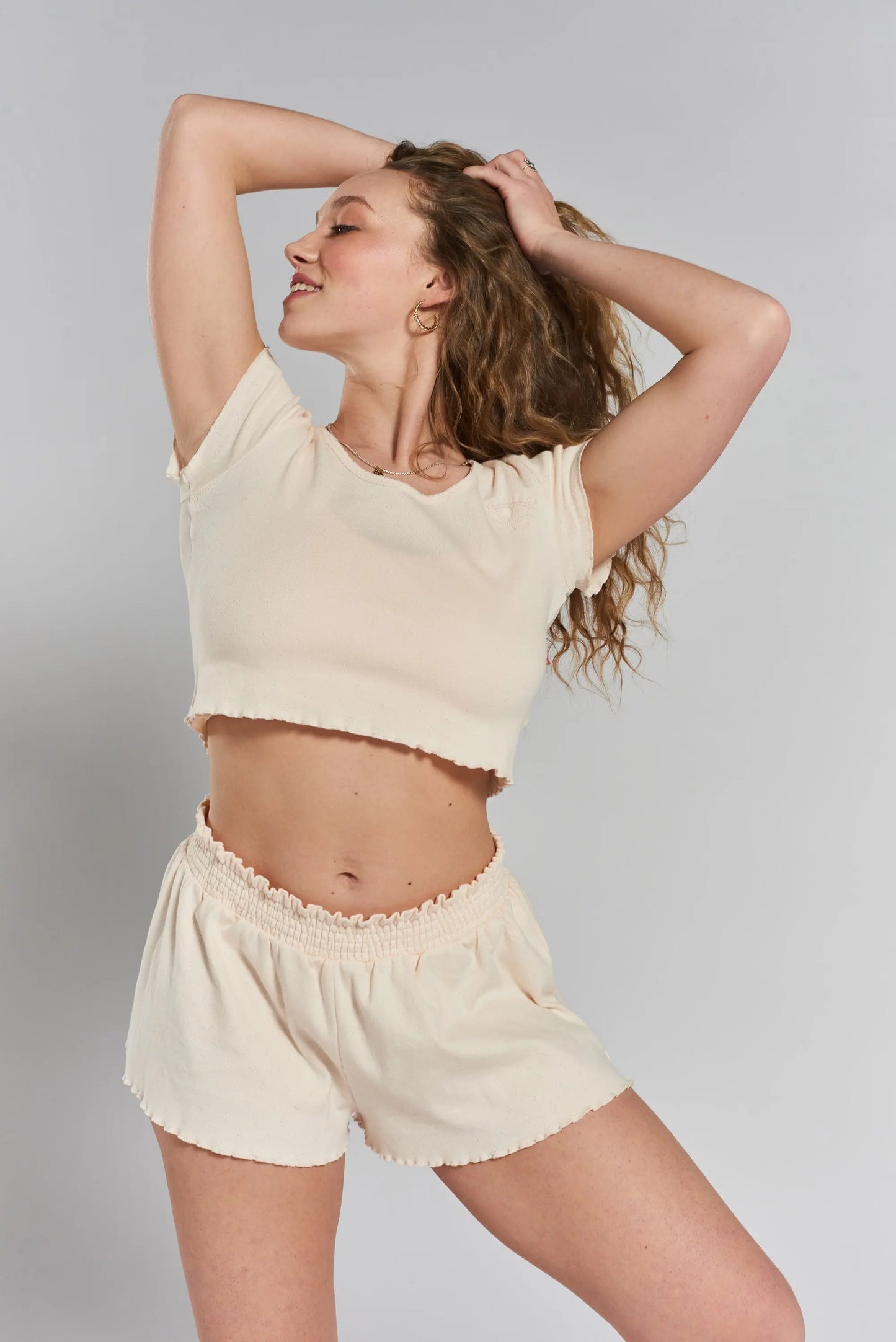 Buckthorn Pointelle Stretch-Cotton Cropped Pyjama Top - Shoreline Peach Peachaus