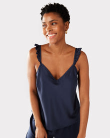  Satin Frill Trim Cami Short Pyjama Set - Navy