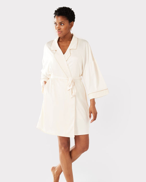 Satin Lace Trim Robe Dressing Gown - Ivory