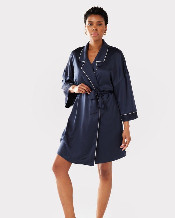 Navy Satin Lace Trim Robe Dressing Gown Chelsea Peers