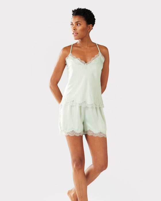 Satin Lace Trim Cami Short Pyjama Set - Sage