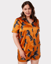  Satin Orange Horses Print Short Pyjama Set