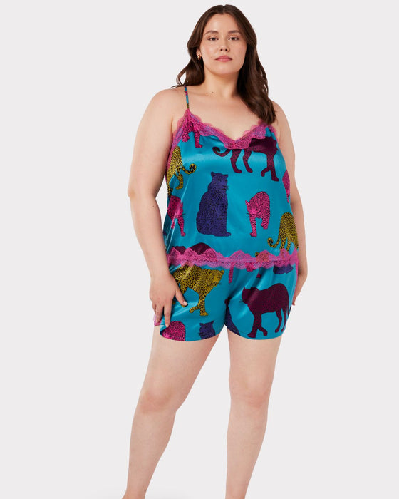 Satin Teal Leopard Print Cami Short Pyjama Set