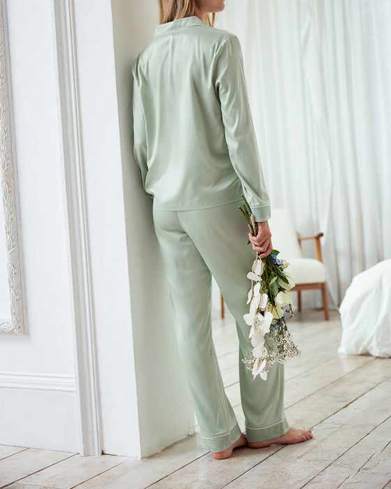 Sage Satin Lace Trim Long Pyjama Set Chelsea Peers