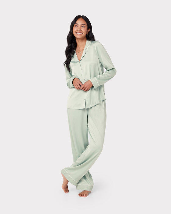 Satin Lace Trim Long Pyjama Set - Sage