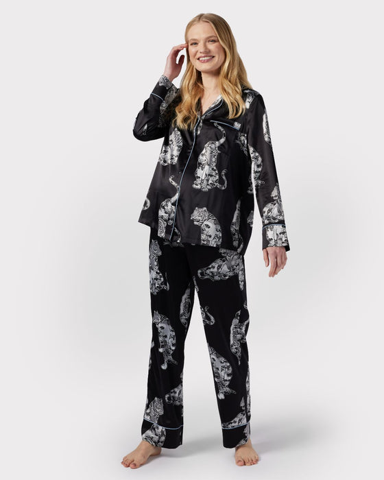 Maternity Satin Lotus Tiger Print Long Pyjama Set - Black