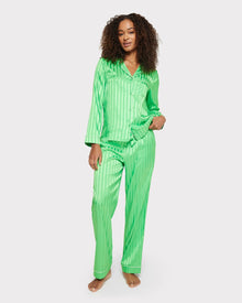  Green Satin Jacquard Stripe Long Pyjama Set Chelsea Peers