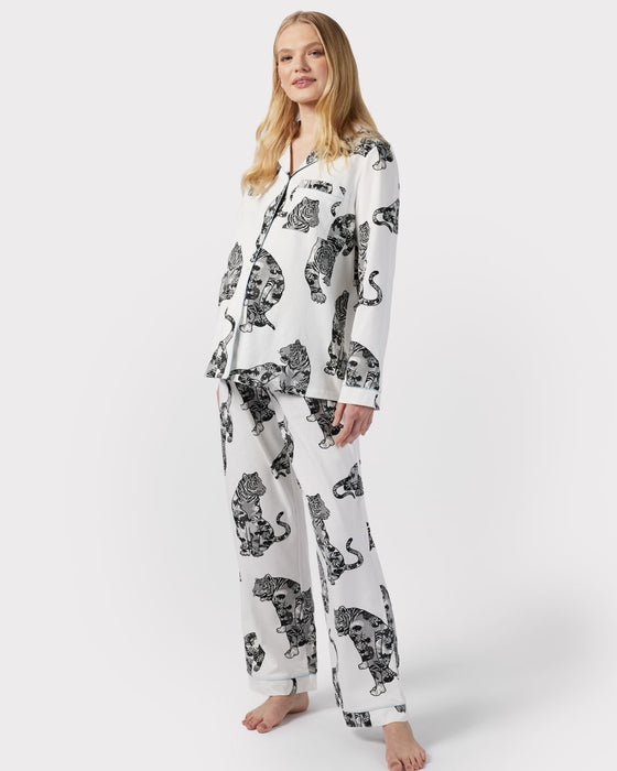 Maternity Organic Cotton Lotus Tiger Print Long Pyjama Set - Cream