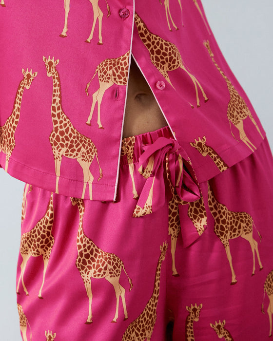 Pink Satin Giraffe Print Long Pyjama Set Chelsea Peers