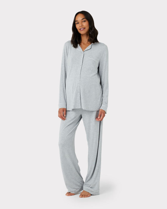 Maternity Modal Button Up Long Pyjama Set - Grey