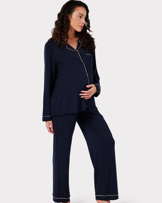 Maternity Modal Button Up Long Pyjama Set - Navy