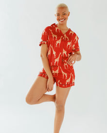  Red Giraffe Satin Women's Short Pyjama Set Chelsea Peers