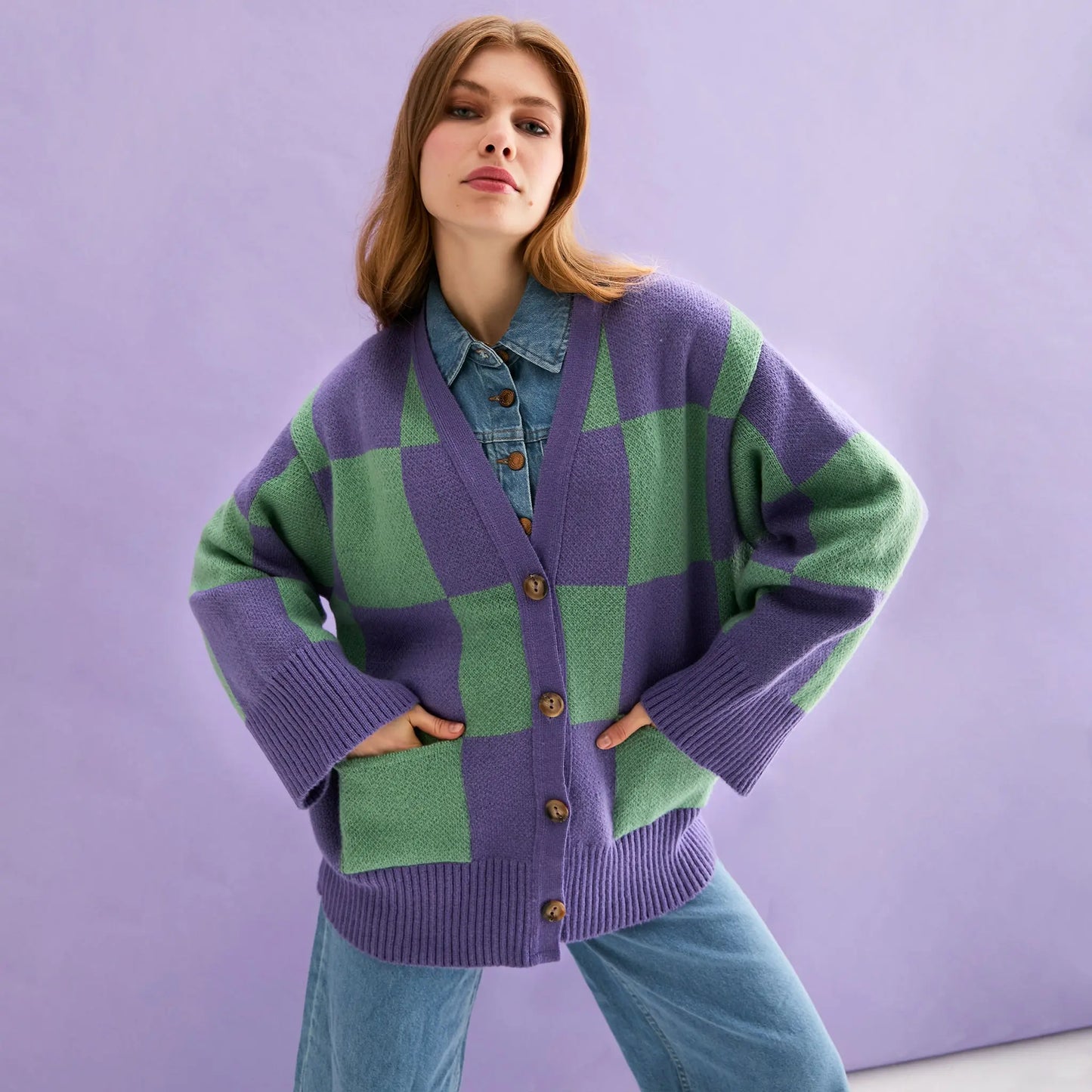 Candice Checked Cardigan With Wide Sleeves - Purple & Green Cara & The Sky