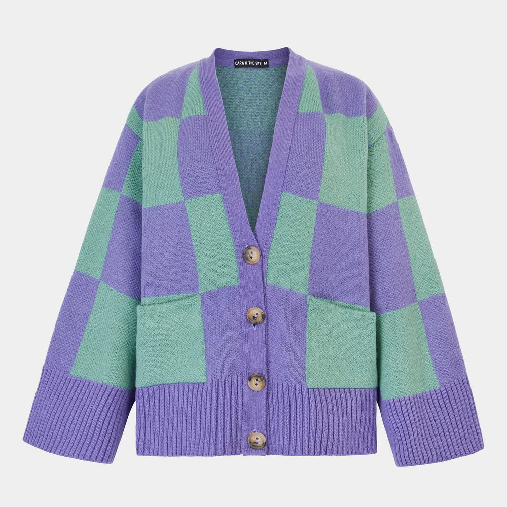 Candice Checked Cardigan With Wide Sleeves - Purple & Green Cara & The Sky