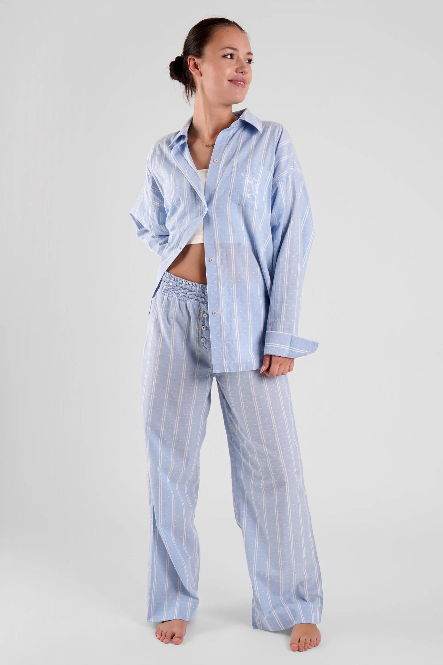 Chicory Striped Ethical-Cotton Trousers - Glacier Blue Peachaus