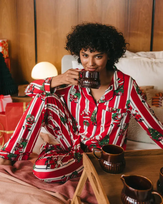 Christmas Santa Stripe Print Women's Long Pyjama Set Chelsea Peers