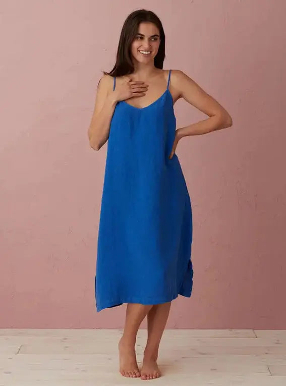 Cobalt Blue Alice 100% Linen Cami Nightie The Secret Linen Store