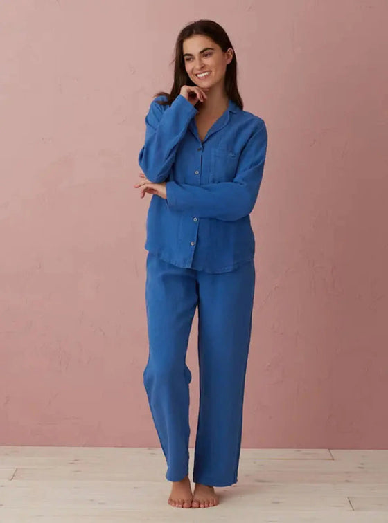 Cobalt Polly 100% Linen Pyjama Top The Secret Linen Store