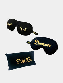  Contoured & Satin Sleep Mask Double Pack & Black Storage Bag Set - Dreamer Print & Wink Print, Black SMUG