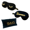 Contoured & Satin Sleep Mask Double Pack & Black Storage Bag Set - Dreamer Print & Wink Print, Black SMUG