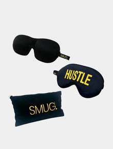  Contoured & Satin Sleep Mask Double Pack & Black Storage Bag Set - Hustle Print & Black SMUG