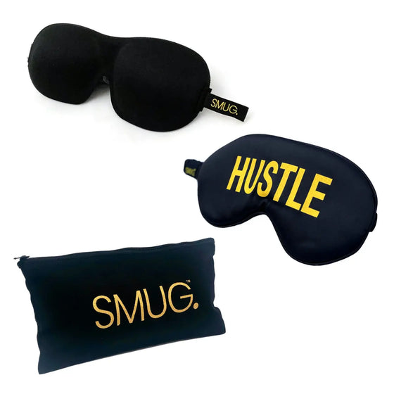 Contoured & Satin Sleep Mask Double Pack & Black Storage Bag Set - Hustle Print & Black SMUG